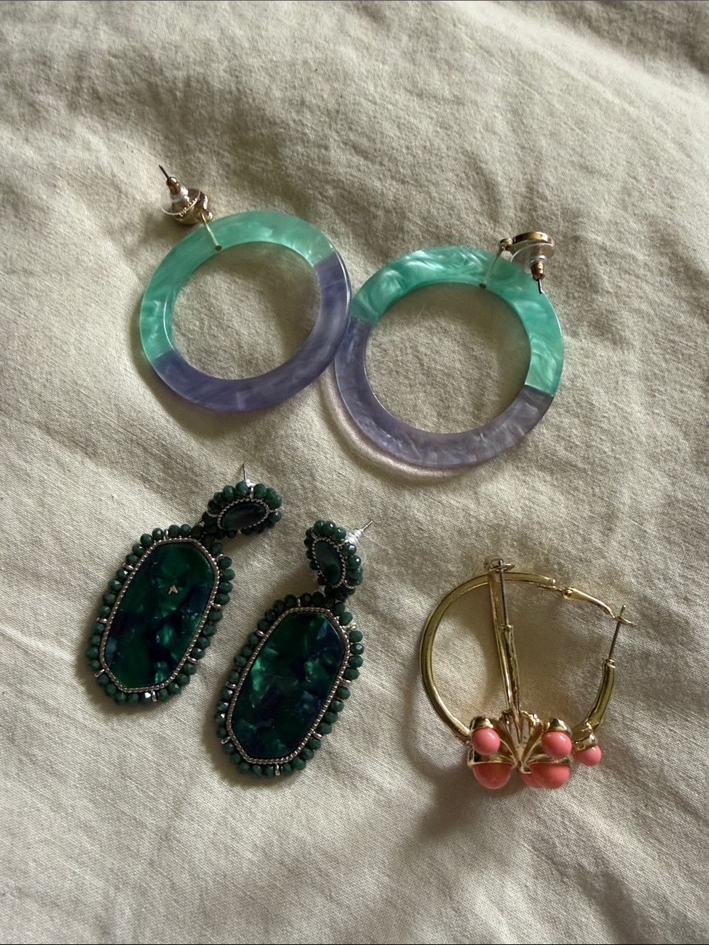 Green and Lavender Resin Color-Block Hoop Earrings for Women